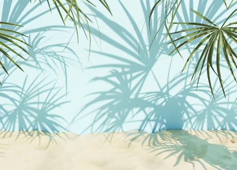 background of palm leaves with shadows on blue wall and beach sand. summer background. 3d render
