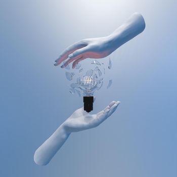 abstract scene of hands covering broken light bulb with crystals in the air. 3d render