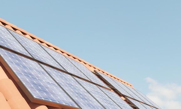 close up of solar panels on roof with blurred background. renewable energy concept. 3d render