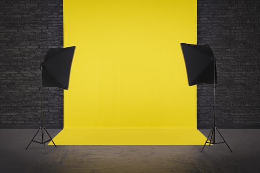 photo studio with dark brick wall, square soft box and yellow background fabric. space for design. 3d render