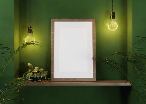 mockup of a painting for a design presentation on a shelf with plants around and light bulbs illuminating it. 3d render