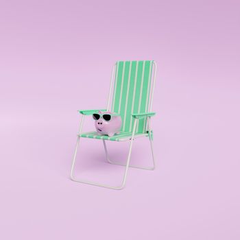 pink piggy bank with sunglasses on a beach chair with plain pastel background. summer vacation savings concept. minimal. 3d render