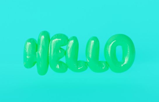 HELLO word with pastel green balloons on blue background. 3d render