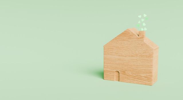 wooden house with green hearts coming out of chimney on green background with space for text. 3d render