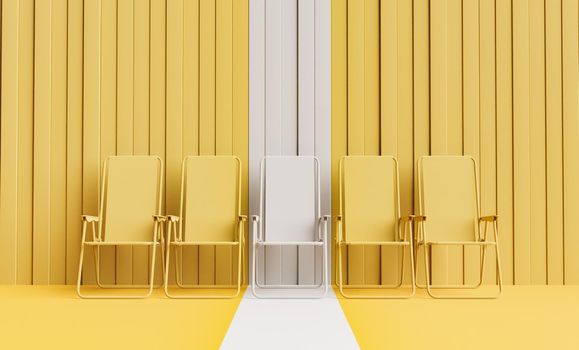 yellow monochromatic beach chairs with one highlighting in white. summer background. 3d render