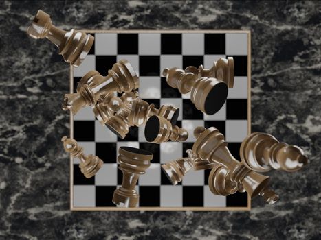 zenithal view of a chessboard on a dark marble table with the pieces falling on it. 3d rendering