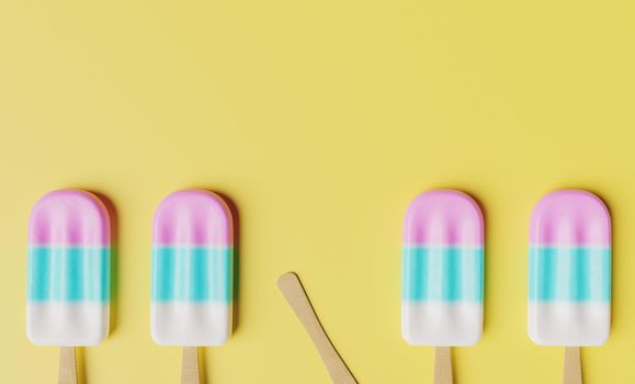 summer background with pastel colored ice cream on yellow background. 3d render