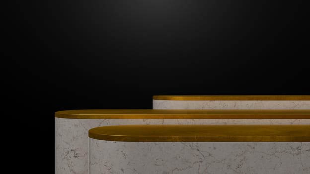 stands for product display with marble and golden edge on dark background. 3d render
