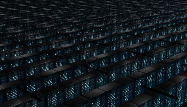 top view of an infinite room of illuminated network servers. concept of cloud storage, internet and artificial intelligence. 3d render