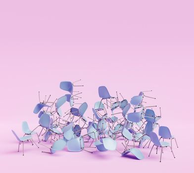 abstract background with mountain of messy chairs on pink background. chaos concept. 3d render