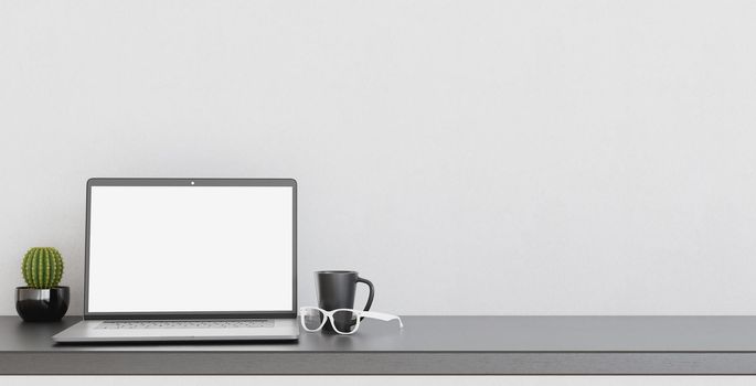 mockup of laptop on desk with coffee cup and glasses. space for text and design. 3d render