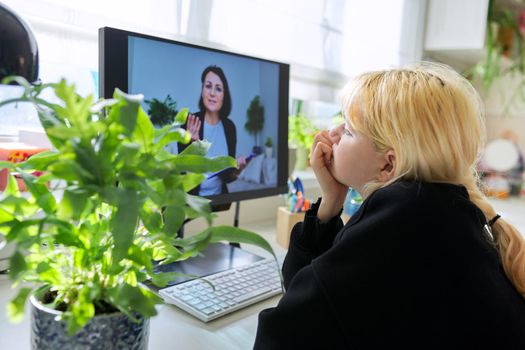 Online session of psychologist, counselor with female teenager. Teen student talking with social worker, behavior using video conferencing on computer. Mental health, adolescence, technology education