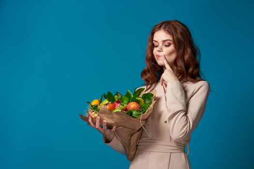 portrait of a woman fashionable hairstyle bouquet of flowers decoration isolated background. High quality photo