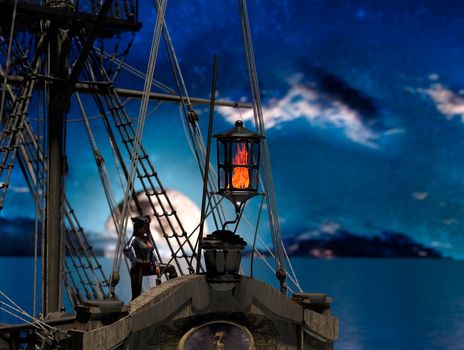 Pirate woman in sail ship at moonlight - 3d rendering