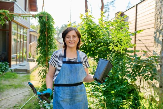 Middle-aged woman with peony plant in pot for planting in spring garden. Female in apron, gloves with garden shovel, backyard plants, springtime, hobbies and leisure, lifestyle, 40s people concept