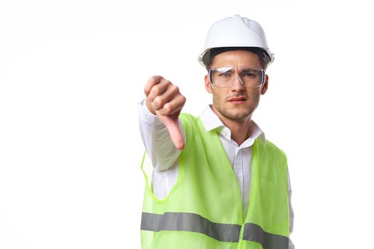 engineer in working uniform protective clothing documents construction. High quality photo