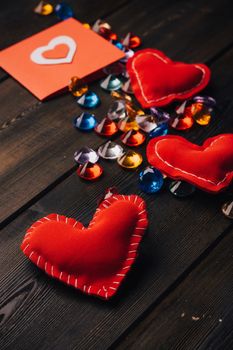 gifts decoration hearts holiday wooden background design. High quality photo