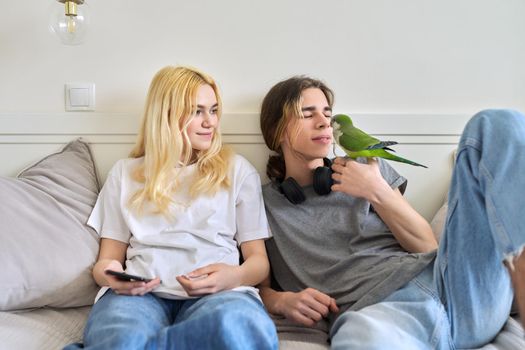 Male and female teenagers sitting at home on the couch playing with a parrot. A green Quaker pet is on the arm of a teenage guy. Lifestyle, teenage kids, pets, care and friendship concept