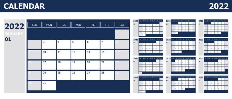 Calendar 2022 week start Sunday design planner with blue and grey, stock vector