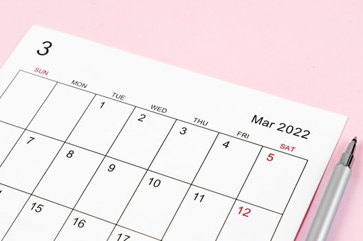 Close up March 2022 calendar sheet with pen on pink background.