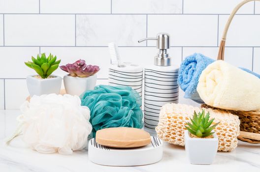 Herb soap, shower sponge and shampoo pump bottle inside a bright bathroom background.