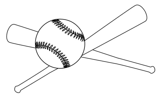 A baseball and a pair of baseball bats in line drawing isolated on a white background.