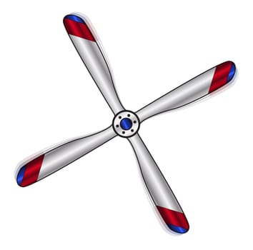 An old fashioned wooden aircraft propeller with individual paintwork isolated over a white background with motion blur