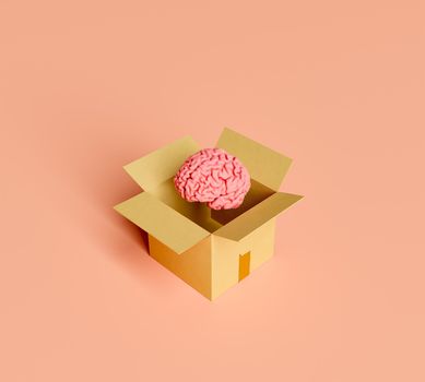 human brain coming out of a cardboard box. 3d rendering
