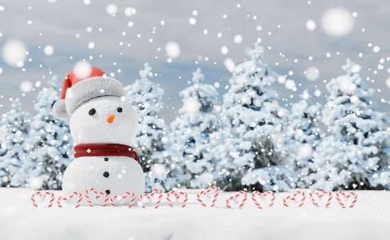 snowman with christmas candy canes in a snowy landscape with blurred trees in the background. copy space. 3d rendering