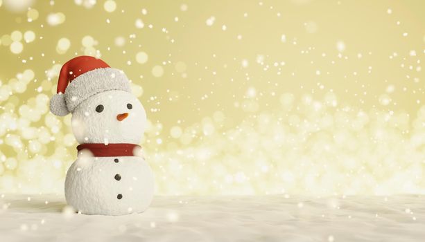 snowman with Santa Claus hat on snowy background with warm lights out of focus. copy space. 3d rendering