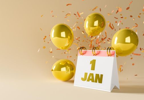 january 1st calendar with golden balloons and confetti around. copy space. 3d rendering