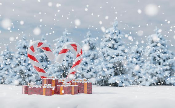 christmas candy canes forming a heart with presents underneath in a snowy landscape with blurred trees in the background. copy space. 3d rendering