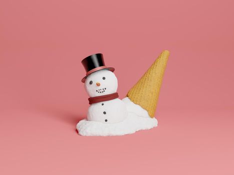 spilled snowman ice cream with upside down cookie cone. 3d rendering