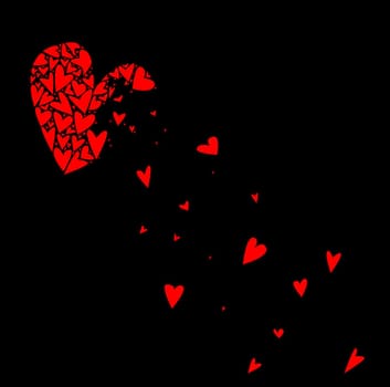 A large heart made up of several smaller hearts breaking against a black background.