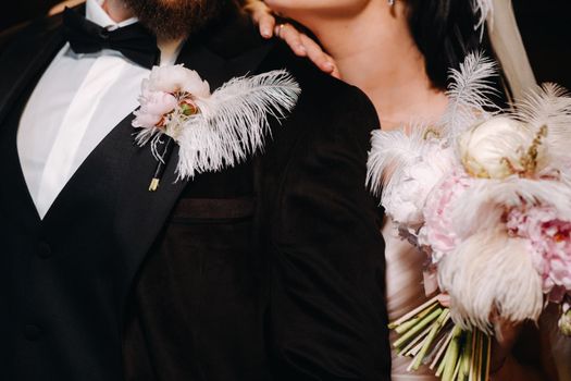 Elegant wedding couple in the interior of the old castle in the city of Nesvizh.