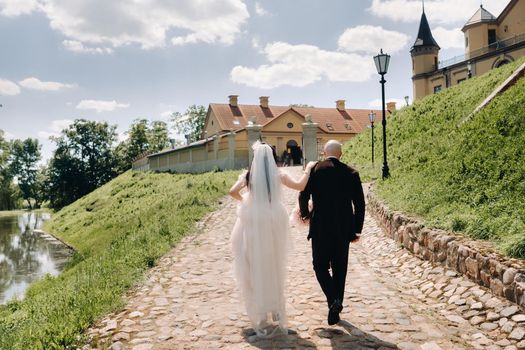 rear view. the bride and groom walk along the stone road towards the castle.