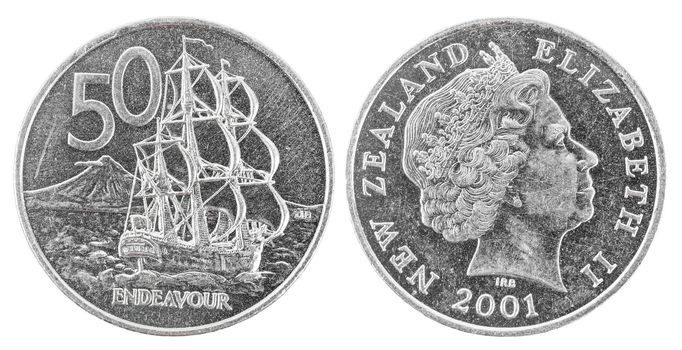 Old 50 New Zealand cents coin isolated on white background, save clipping path.