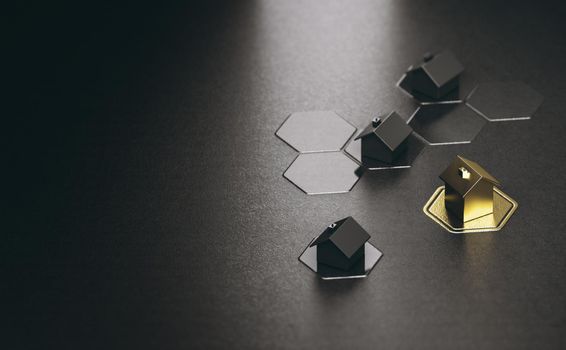 3d illustration of 3 houses and a golden one over hexagon shapes and black background with copy space.  Real estate or house hunting concept.