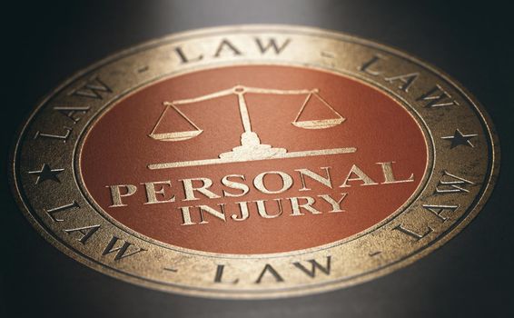 Personal injury written with golden letters over red and black background. Law concept. 3D illustration.