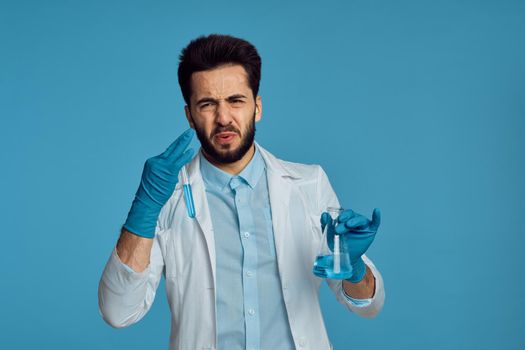 laboratory assistant in a white apron analyzes diagnostics. High quality photo