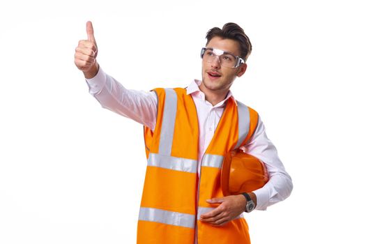 man in working orange uniform construction work. High quality photo