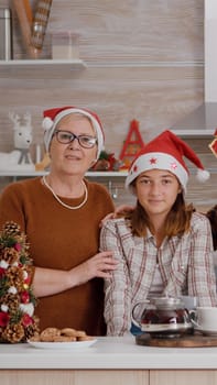 Portrait of happy family wearing santa hat looking into camera standing at table in xmas decorated kitchen. Grandparents enjoying winter season spending christmas holiday with grandchild