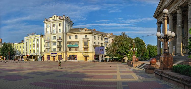 Ternopil, Ukraine 06.07.2021. Theatre square in Ternopil, Ukraine, on a sunny summer morning