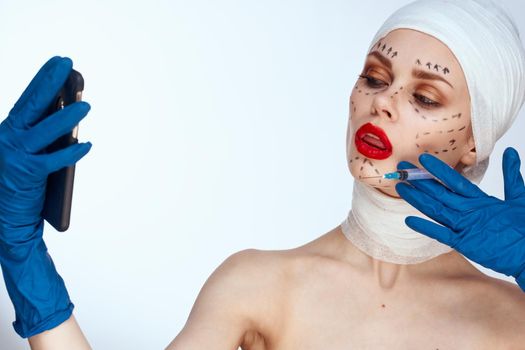 female patient Red lips plastic surgery operation bare shoulders studio lifestyle. High quality photo