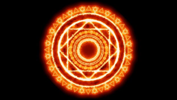 Magic circle powerfull red flame energy with heaven double circle six stars on black isolated