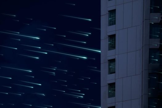 meteor rain on the night sky dark cloud reflection silhouette window of building