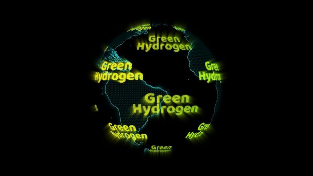 digital world map and green hydrogen green text, concept as an alternative fuel that is clean energy