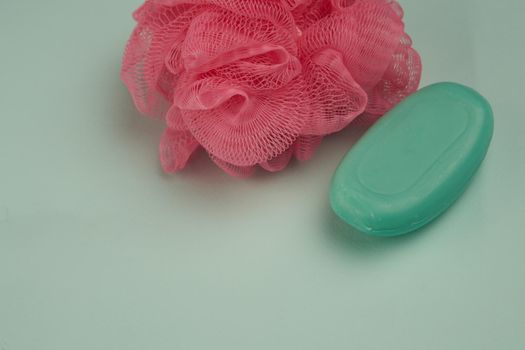 soap hygiene body care bathroom supplies green background. High quality photo