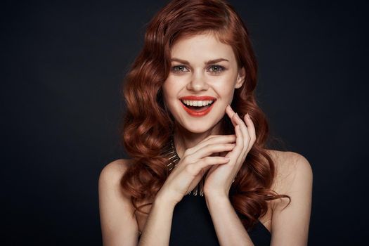 woman in black dress attractive look glamor posing charm. High quality photo