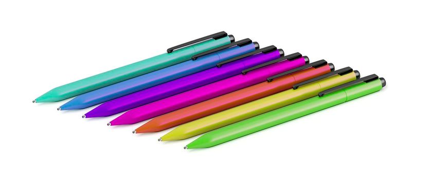 Group of pens with different colors on white background